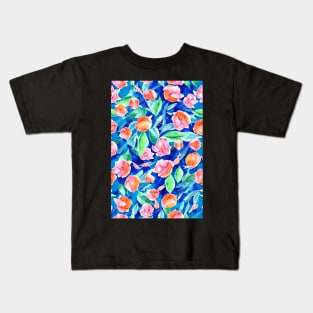 Blue Aesthetic Watercolor Floral Pattern with Orange and Pink Blossoms Kids T-Shirt